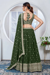 Olive Green Faux Georgette Lehenga back dupatta detail – Kalyanja KL164