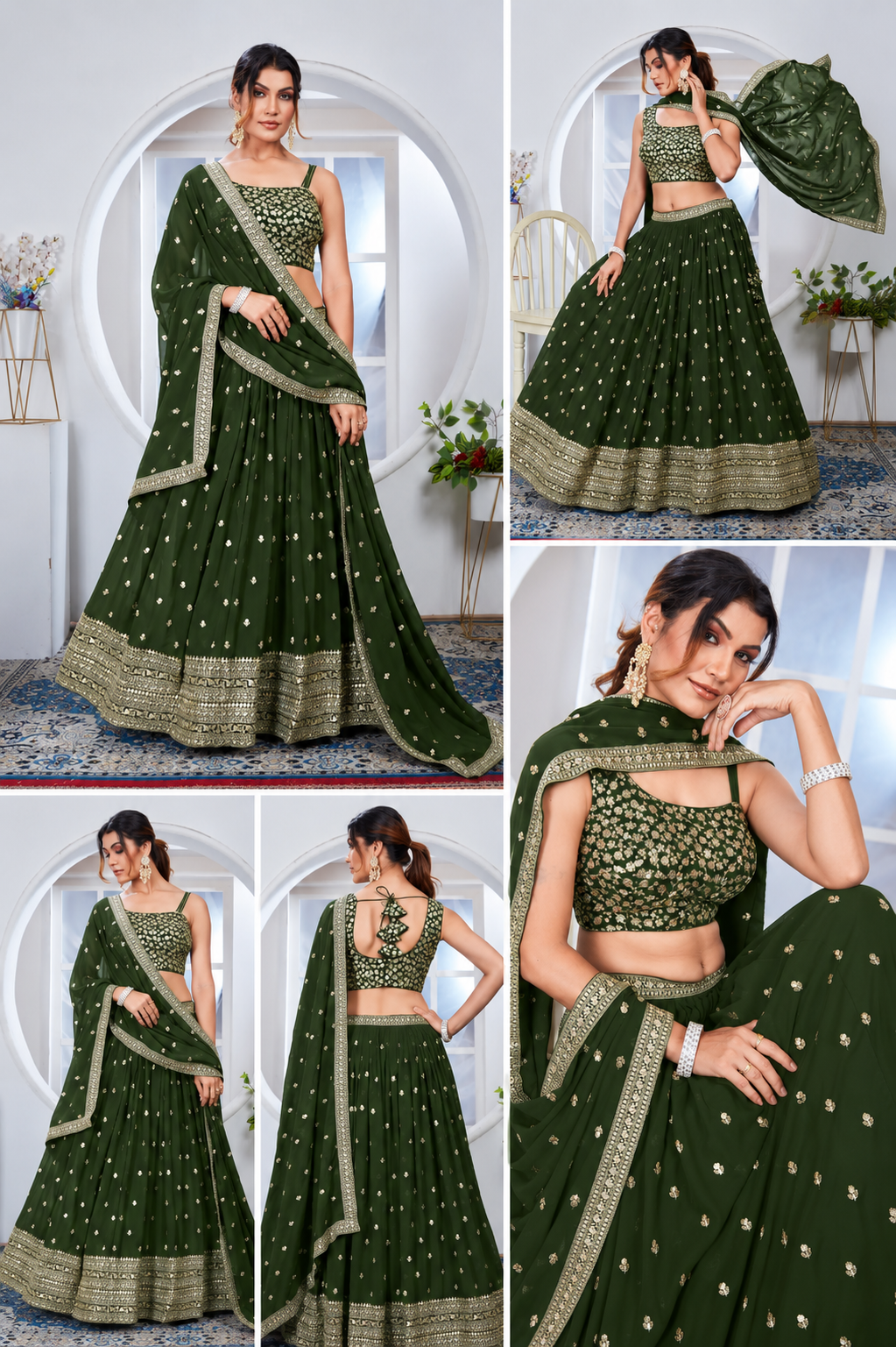 Olive Green Sequins Embroidered with Thread Work Lehenga full set view – Kalyanja KL164