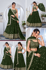 Olive Green Sequins Embroidered with Thread Work Lehenga full set view – Kalyanja KL164