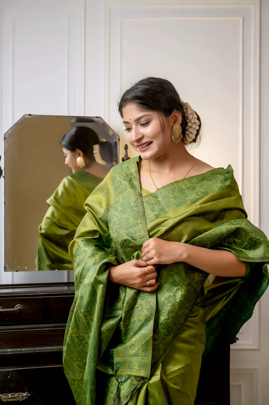 A woman models a luxurious Olive Green Raw Silk Saree. The saree features a wide border and pallu with dense, intricate tone-on-tone Kalamkari-style weaving in a matching green Zari. She wears a long-sleeve green blouse and subtle gold jewelry, with white flowers adorning her hair, posing indoors next to a dark wooden vanity.