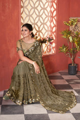 Olive Green Thread Embroidered Saree | Butterfly Net | KS388 | Kalyanja