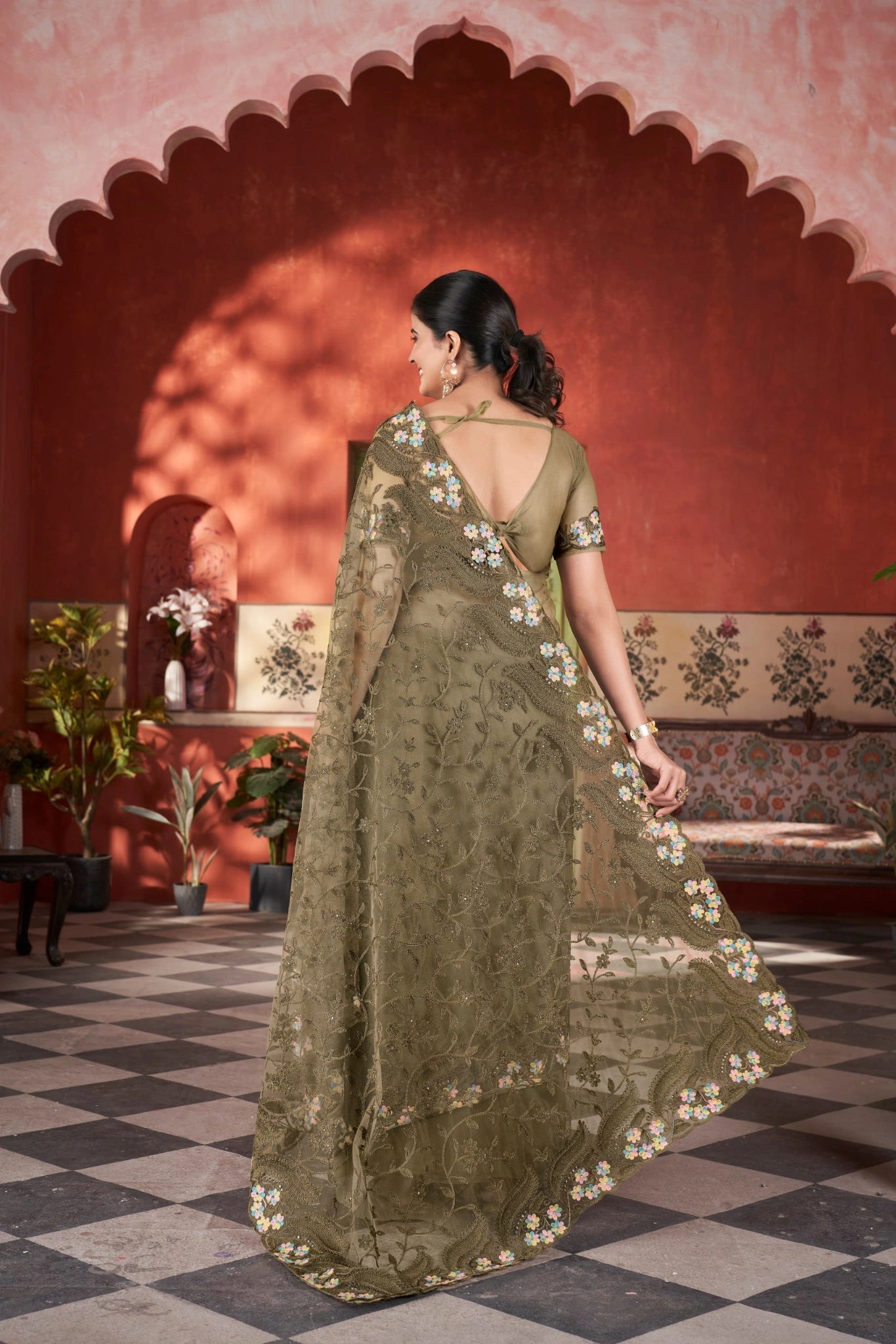 Olive Green Thread Embroidered Saree Party Wear | Butterfly Net | KS388 | Kalyanja