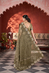 Olive Green Thread Embroidered Saree Party Wear | Butterfly Net | KS388 | Kalyanja