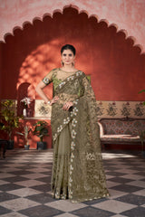 Olive Green Thread Embroidered Saree Side View | Butterfly Net | KS388 | Kalyanja