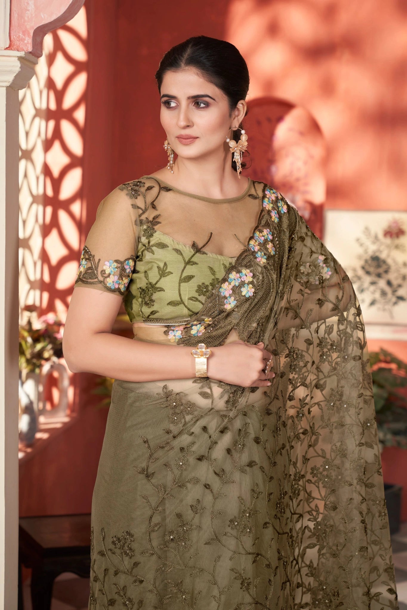 Olive Green Thread Embroidered Saree Wedding | Butterfly Net | KS388 | Kalyanja