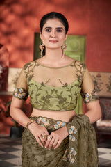Olive Green Thread Embroidered Saree Blouse Detail | Butterfly Net | KS388 | Kalyanja