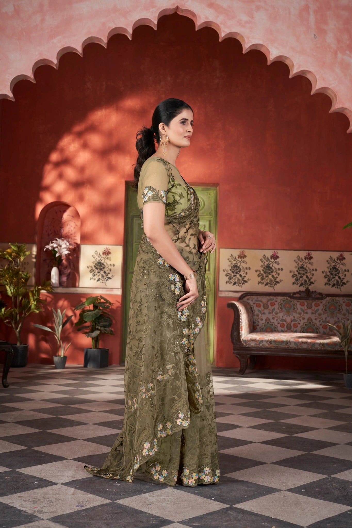 Olive Green Thread Embroidered Saree Festive | Butterfly Net | KS388 | Kalyanja