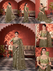 Olive Green Thread Embroidered Saree Close-up | Butterfly Net | KS388 | Kalyanja