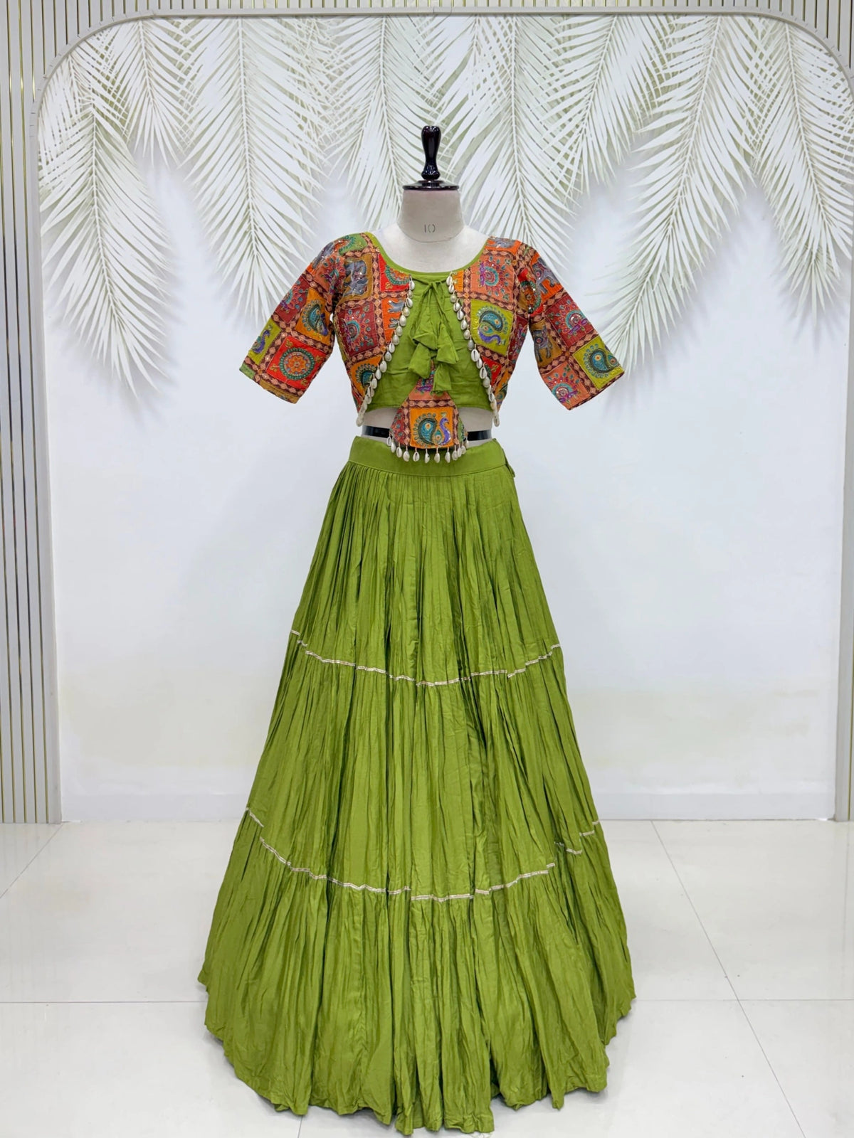 Olive Green Thread Sequins Lehenga product display front – KL179 Kalyanja