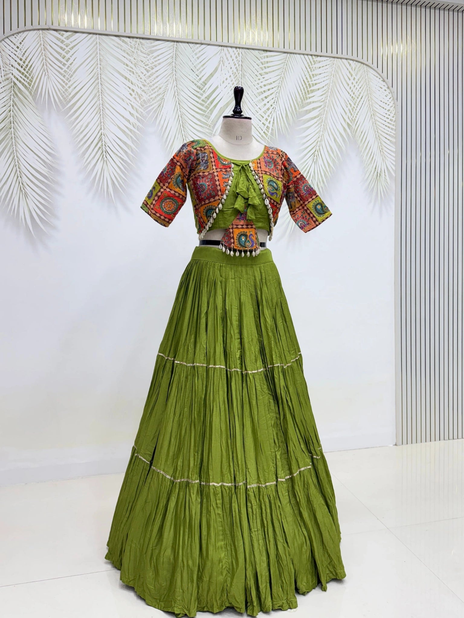 Olive Green Position Print Lehenga full length mannequin – KL179 Kalyanja