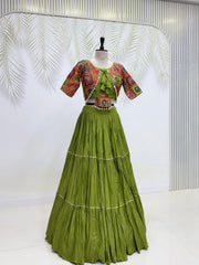 Olive Green Position Print Lehenga full length mannequin – KL179 Kalyanja