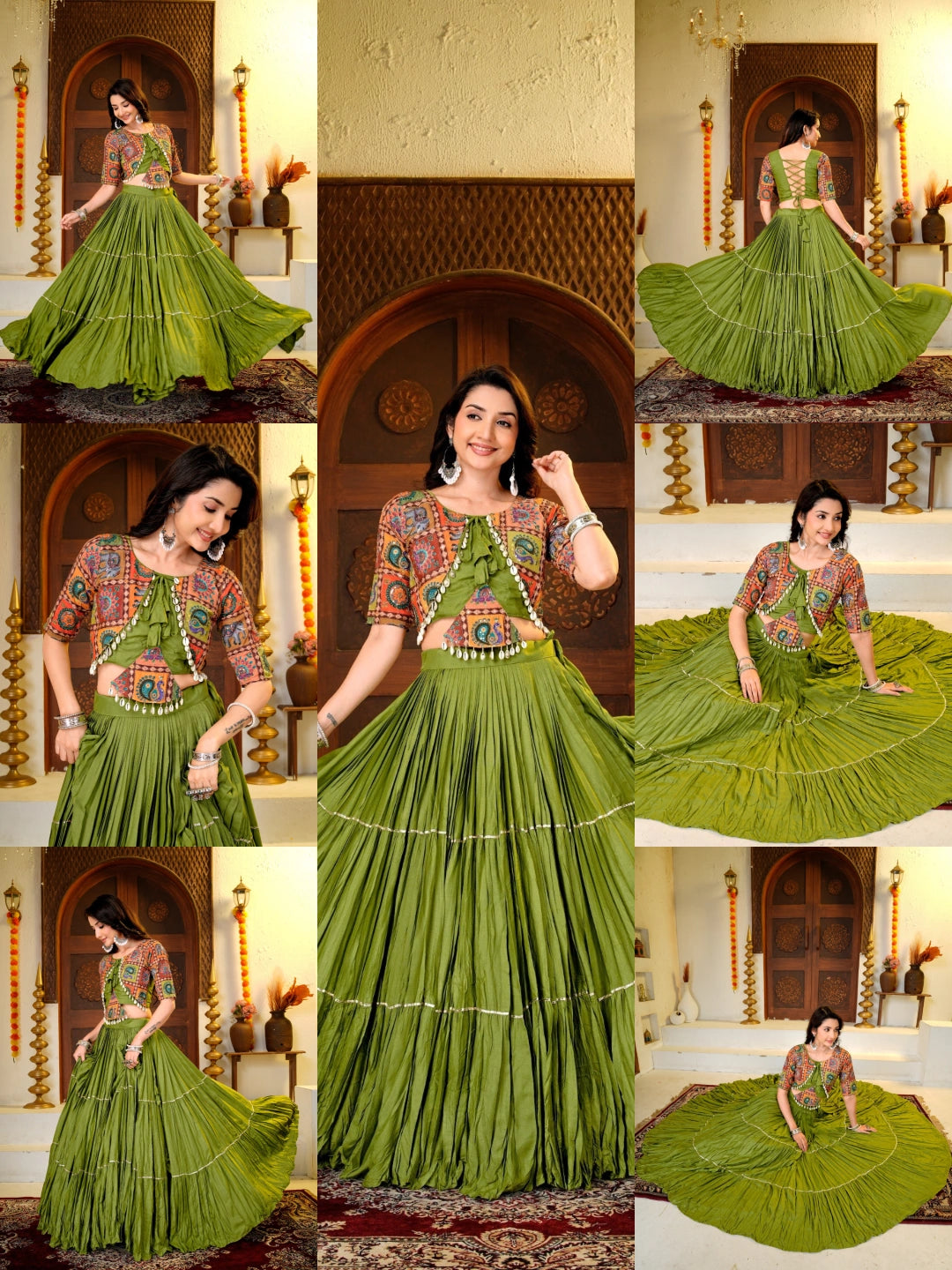 Olive Green Thread Sequins Lehenga collage multiple views – KL179 Kalyanja