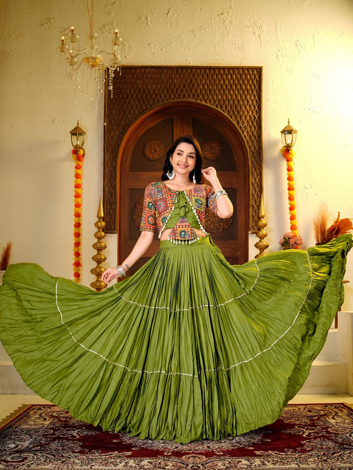 Olive Green Thread Sequins Lehenga front flair view – KL179 Kalyanja