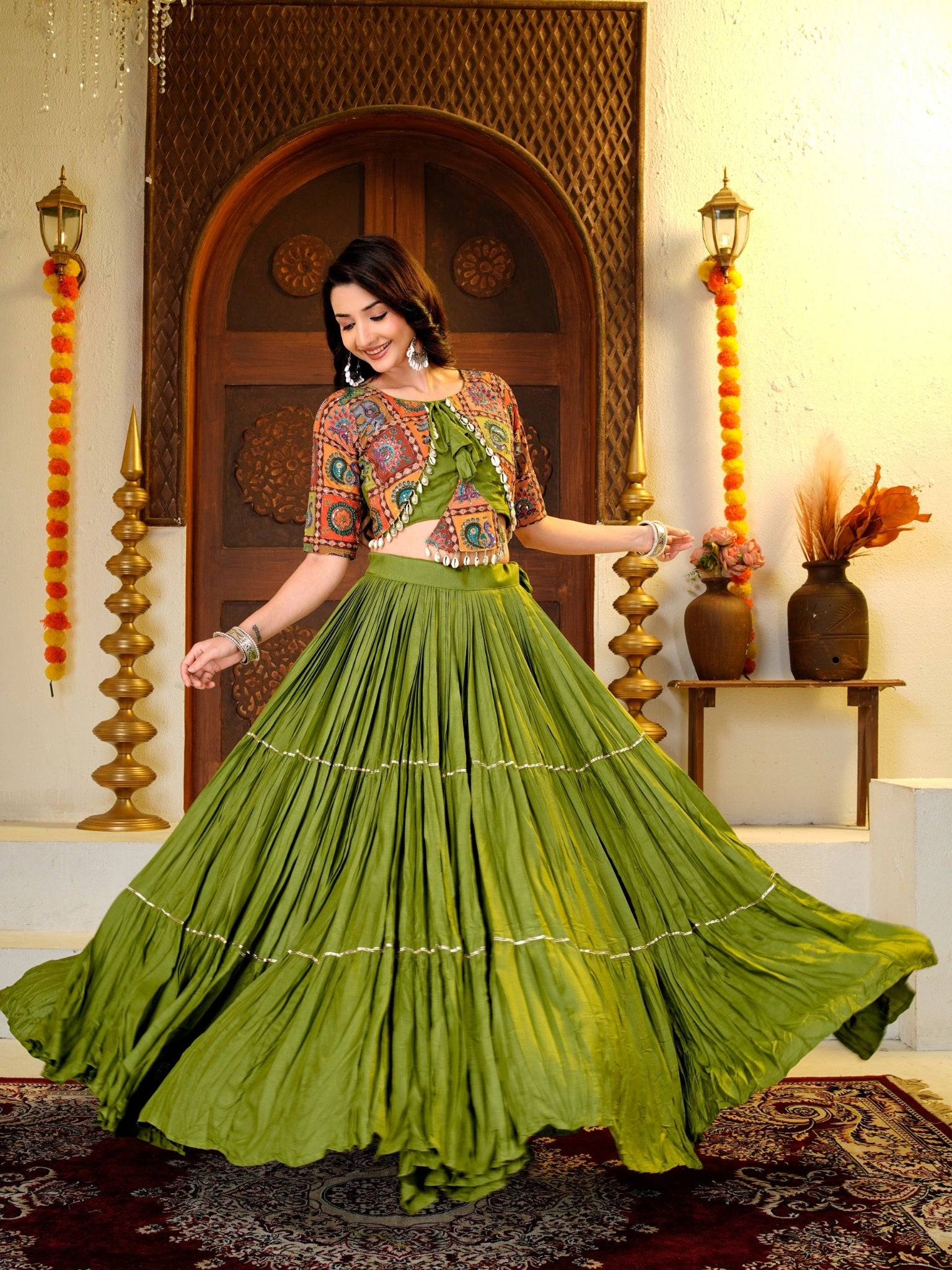 Olive Green Thread Sequins Lehenga spinning flair – Position Print Kodi Handwork KL179