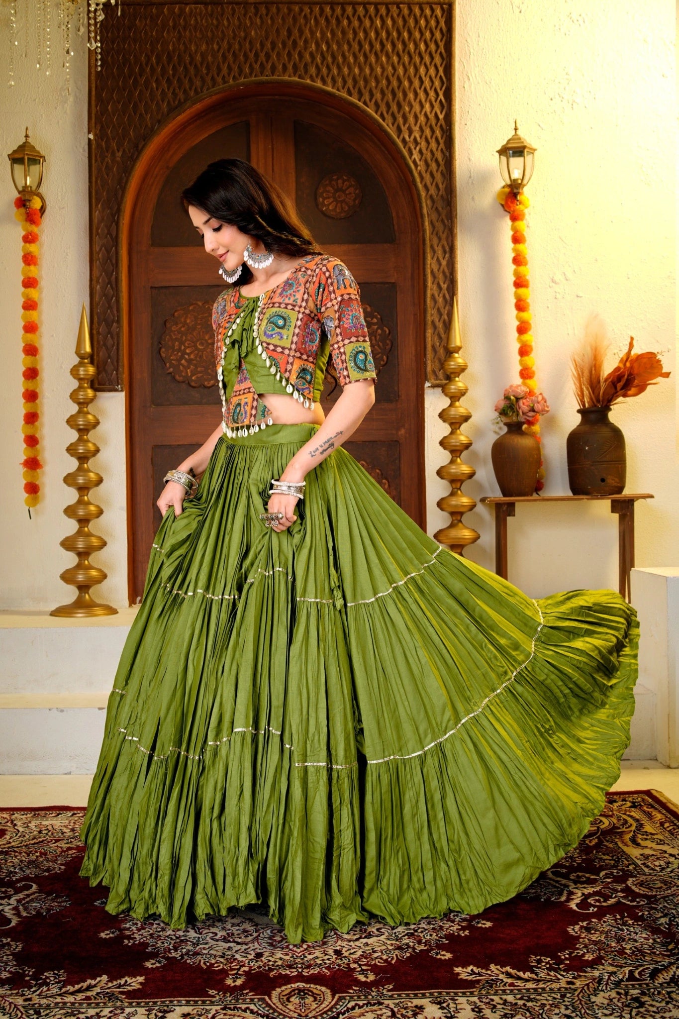 Olive Green Lehenga side flair view – Cotton Blend 9M Flare KL179 Kalyanja
