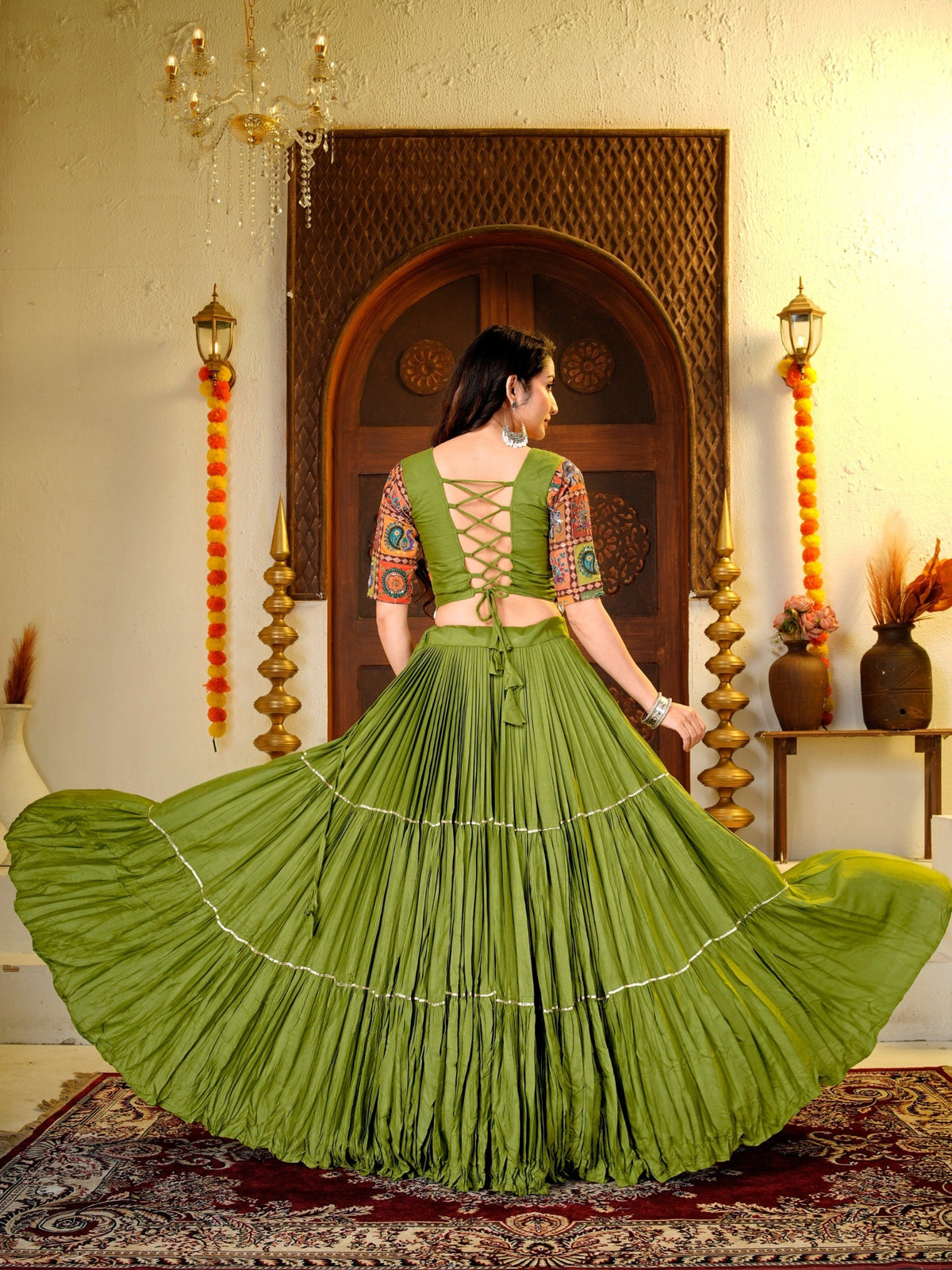 Olive Green Thread Sequins Lehenga back view lace-up choli – KL179 Kalyanja