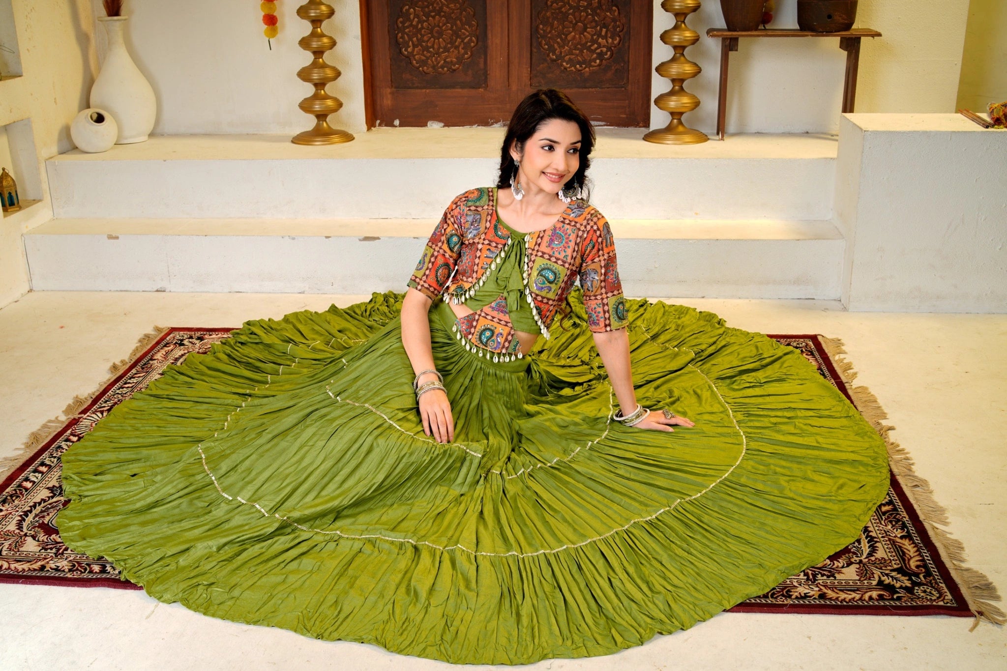 Olive Green Lehenga seated skirt spread full view – Kodi Handwork KL179 Kalyanja