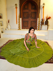Olive Green Cotton Blend Lehenga overhead seated view – 9 Meter Flair KL179