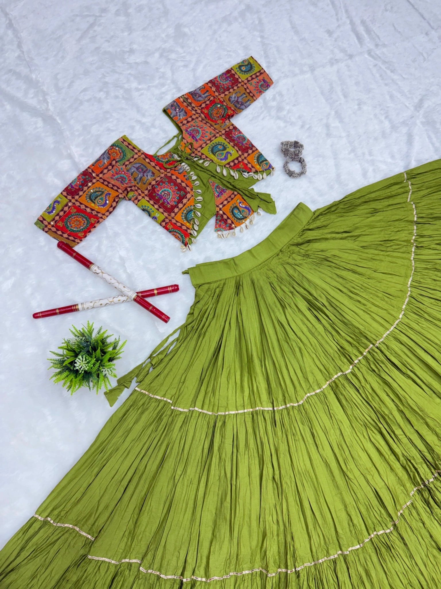 Olive Green Thread Sequins Position Print Lehenga full length – KL179 Kalyanja
