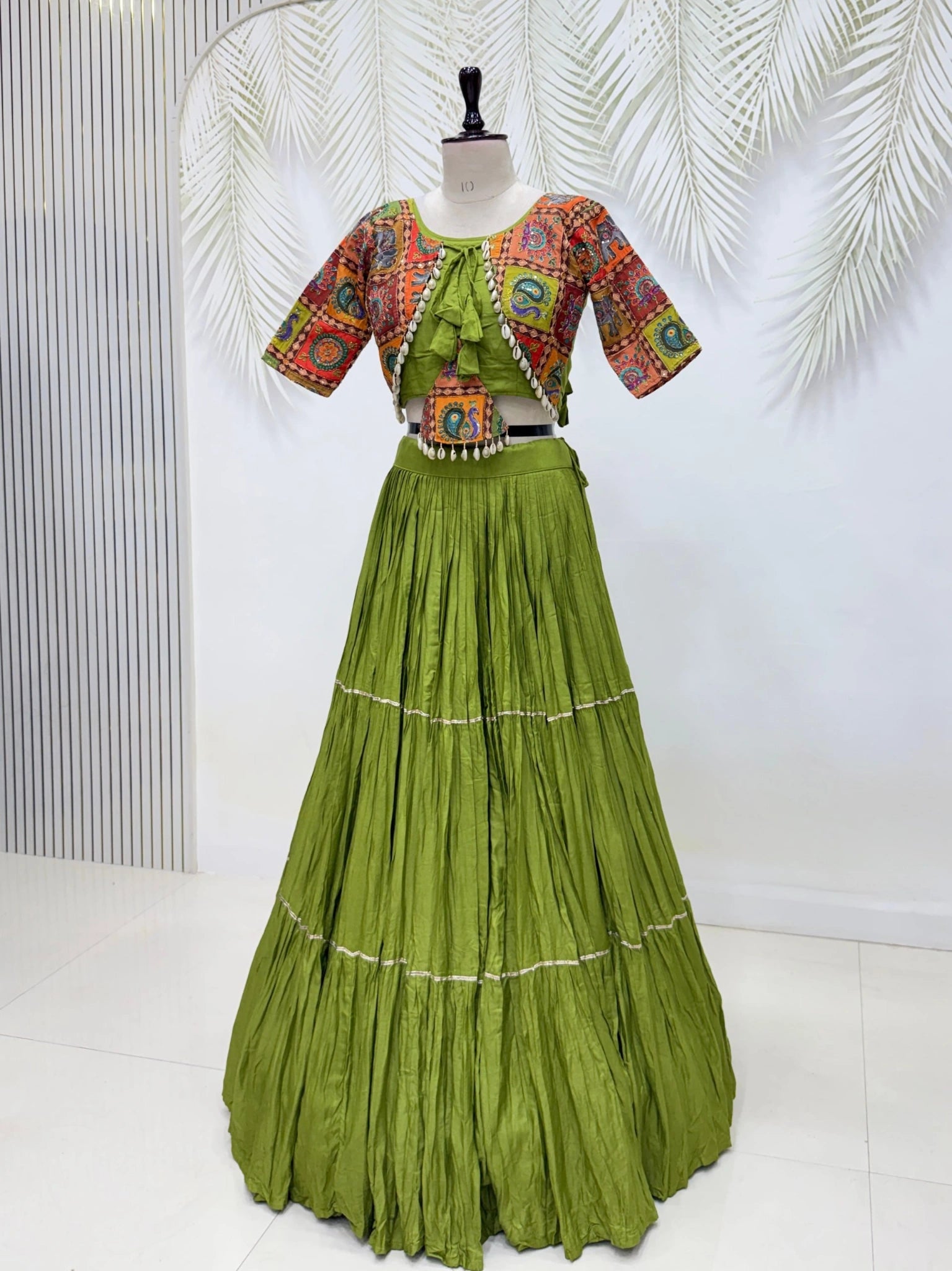 Olive Green Kodi Handwork Lehenga mannequin front – Cotton Blend KL179 Kalyanja