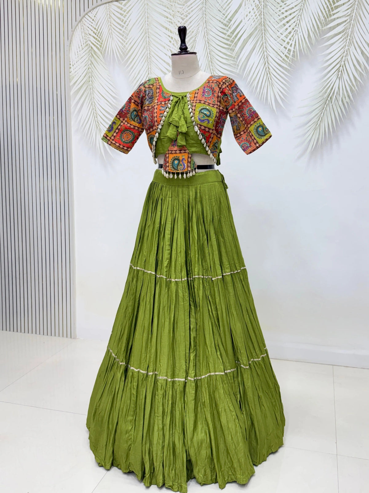 Olive Green Kodi Handwork Lehenga mannequin front – Cotton Blend KL179 Kalyanja
