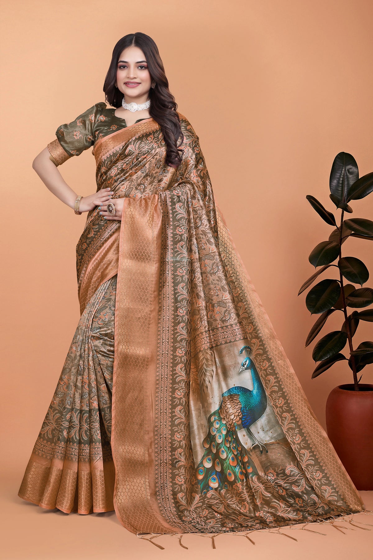 Olive Green Zari Weaving Premium Crystal Saree Hero Front View | Kalyanja KS360