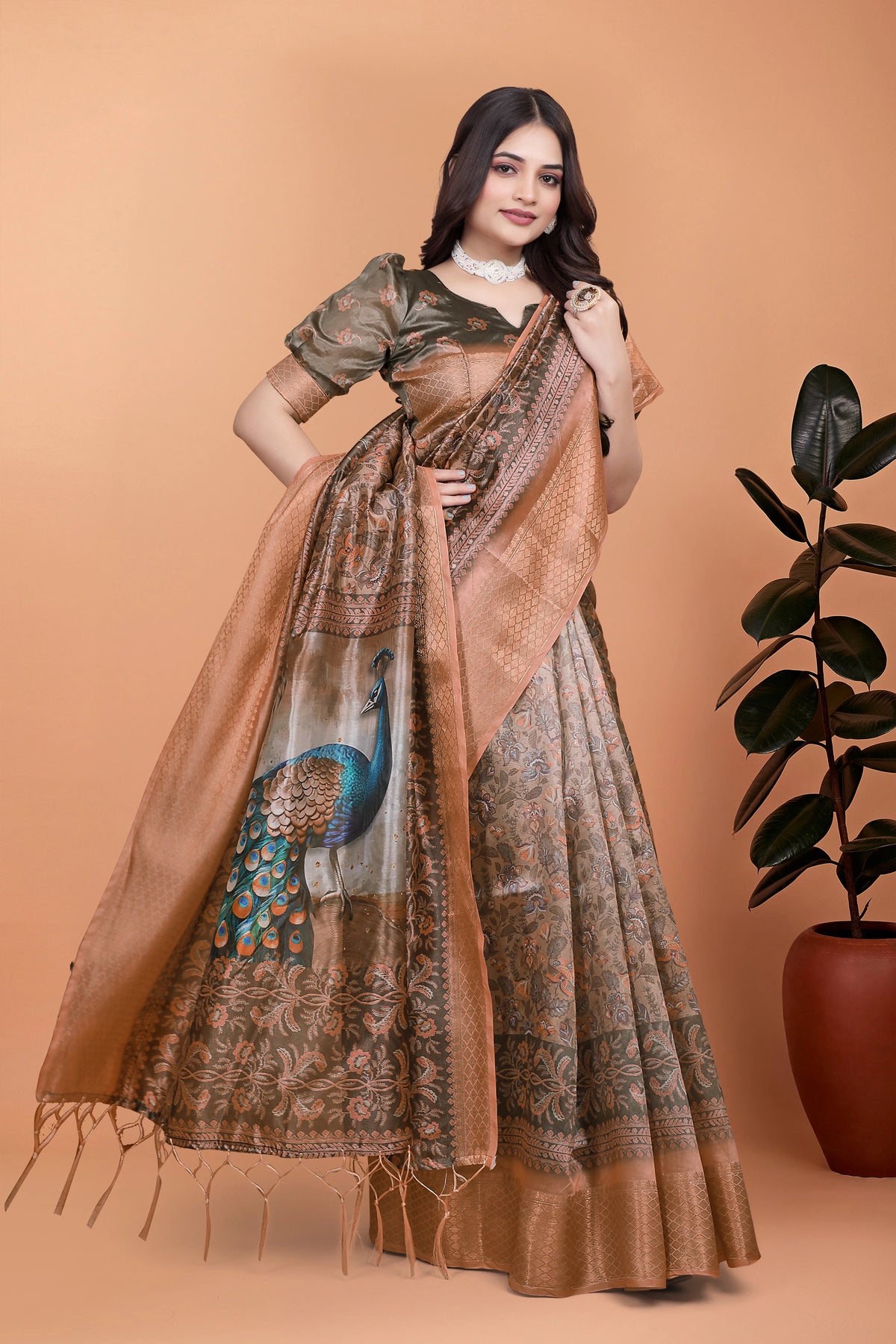 Olive Green Saree Contrast Peacock Pallu Shown View | Kalyanja KS360