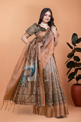 Olive Green Saree Contrast Peacock Pallu Shown View | Kalyanja KS360
