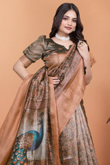 Olive Green Zari Weaving Saree Peacock Pallu Close-Up | Kalyanja KS360