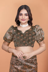 Olive Green Premium Crystal Saree Blouse Close-Up Puff Sleeves | Kalyanja KS360