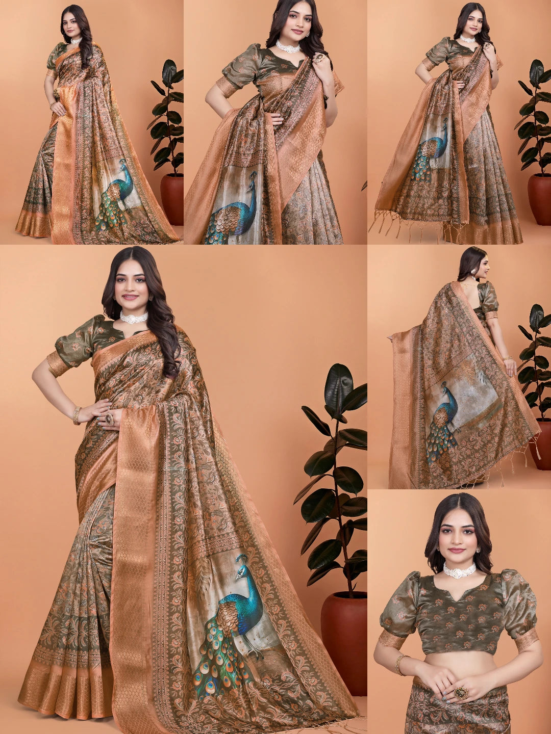 Olive Green Zari Weaving Saree Collage All Views | Kalyanja KS360