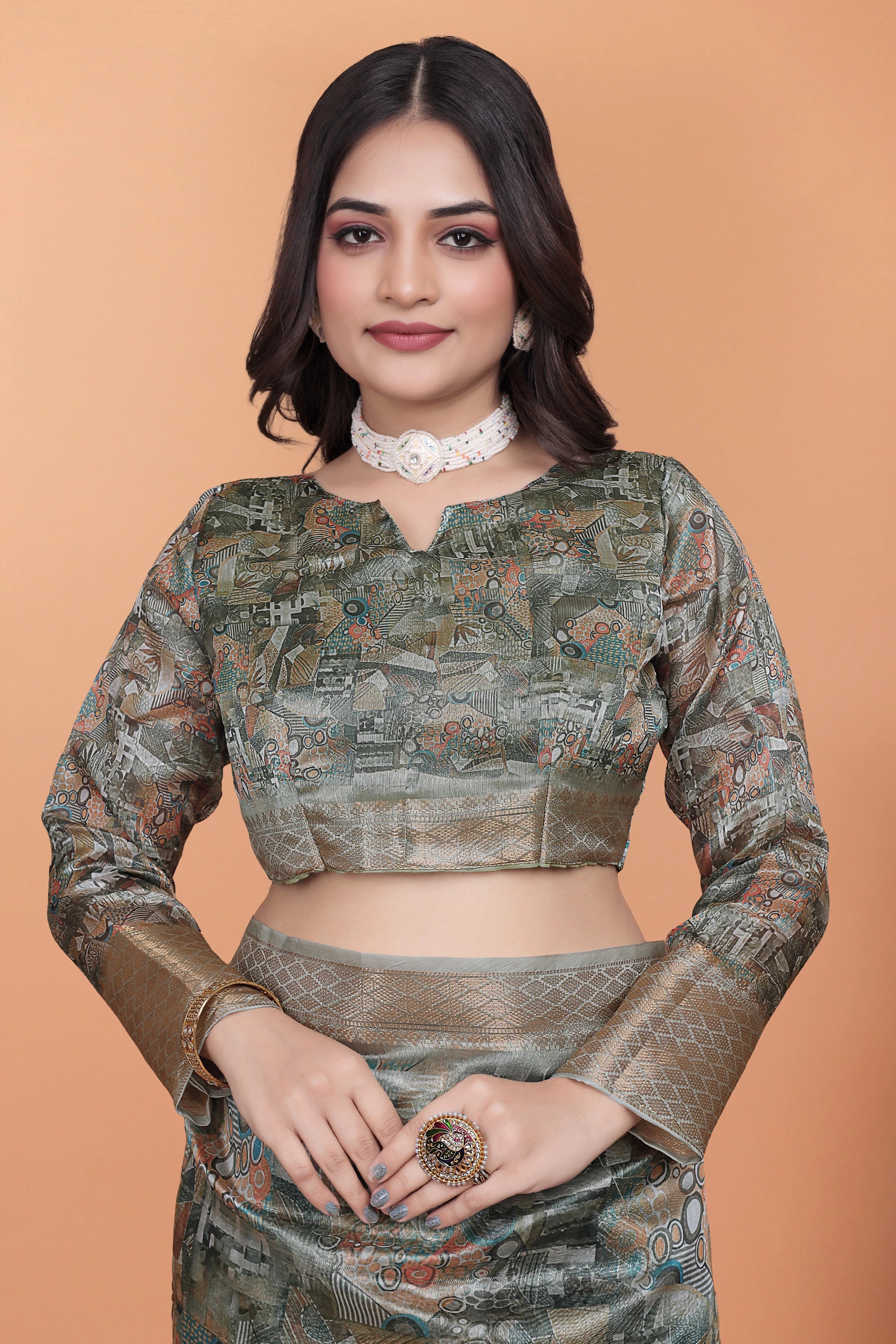 Olive Green Zari Weaving Saree – Full Drape Front View KS370