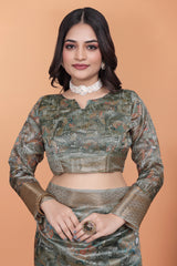 Olive Green Zari Weaving Saree – Full Drape Front View KS370