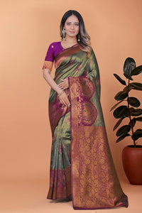 Olive Green Zari Weaving Saree – Banarasi Jacquard Blend Party Wear