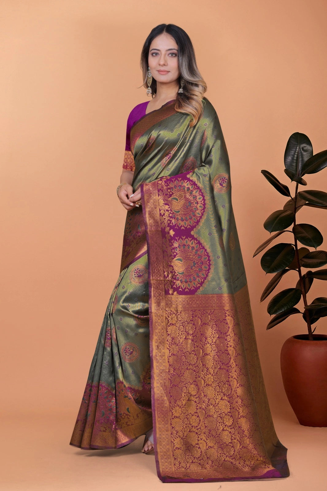 Olive Green Zari Weaving Saree – side view – KS396