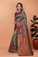 Olive Green Zari Weaving Saree – side view – KS396