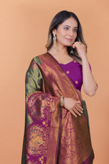 Olive Green Zari Weaving Saree – back pallu view – KS396