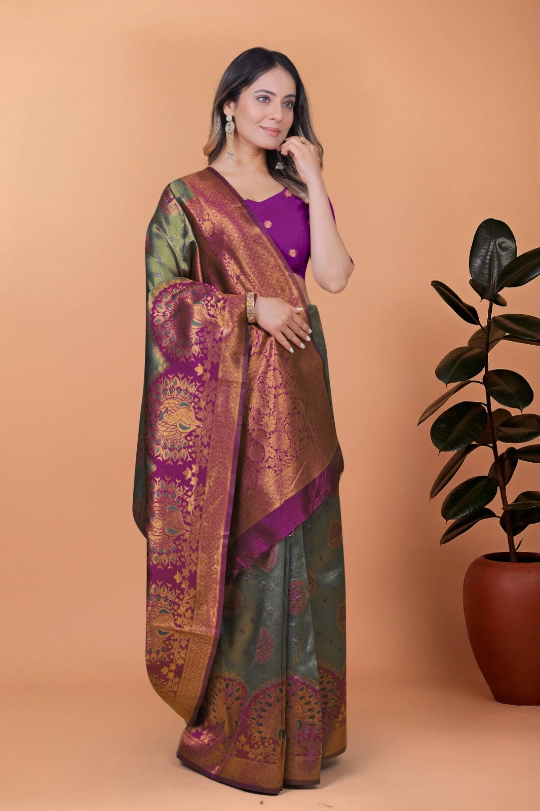 Olive Green Zari Weaving Saree – 3/4 view – KS396
