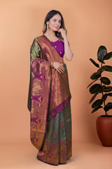 Olive Green Zari Weaving Saree – 3/4 view – KS396