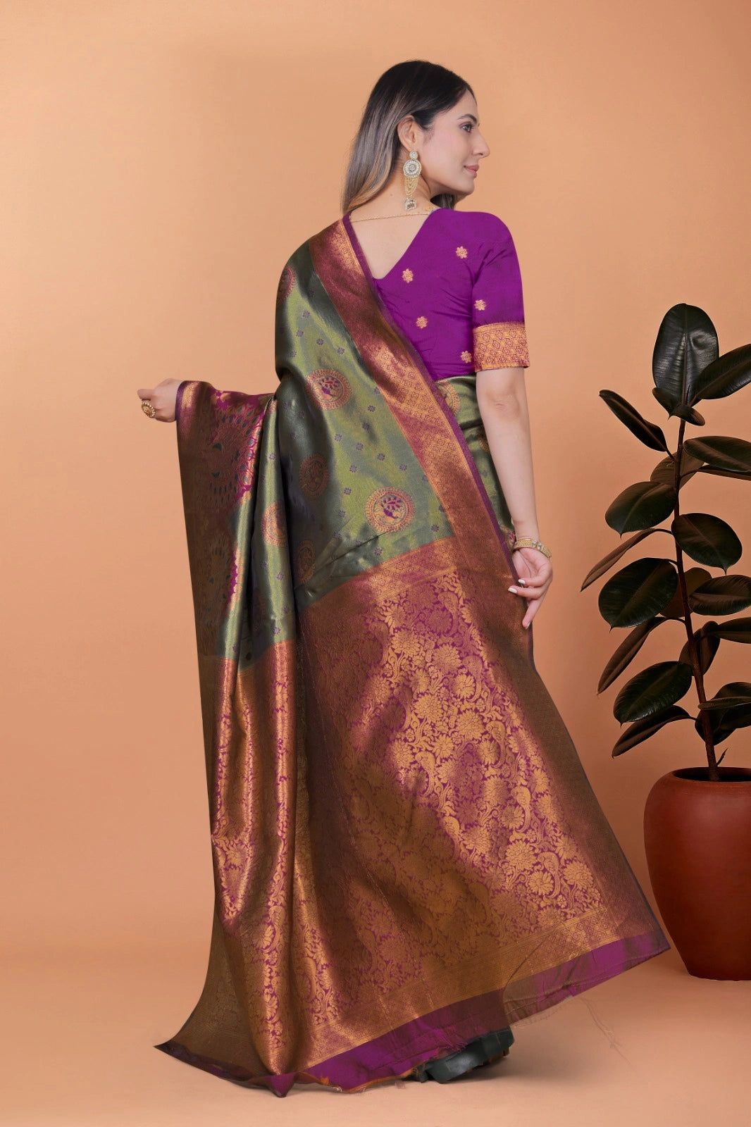 Olive Green Zari Weaving Saree – Contrast Border close-up – KS396