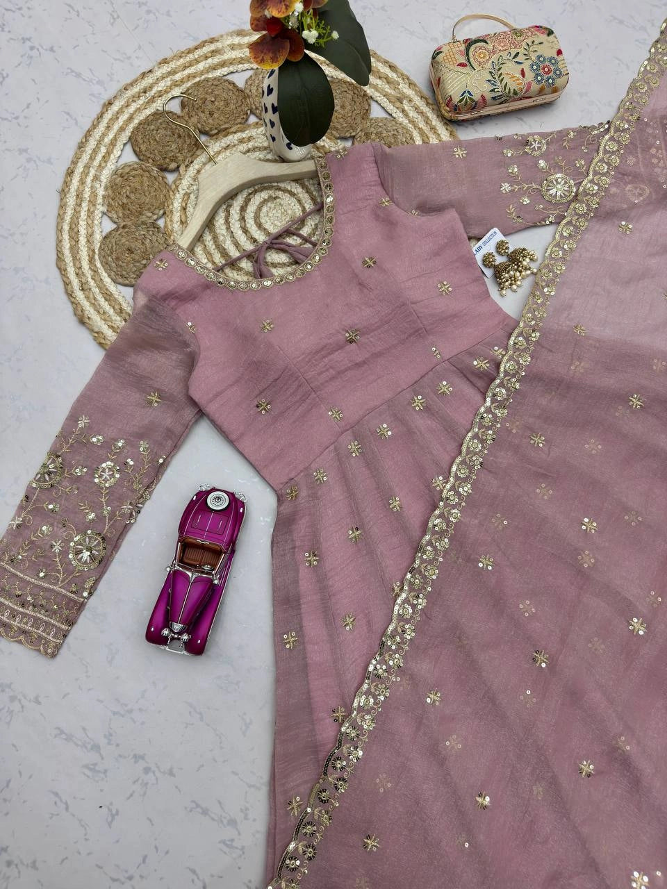 Onion Pink Sequins Embroidered Suit 3/4 Angle View