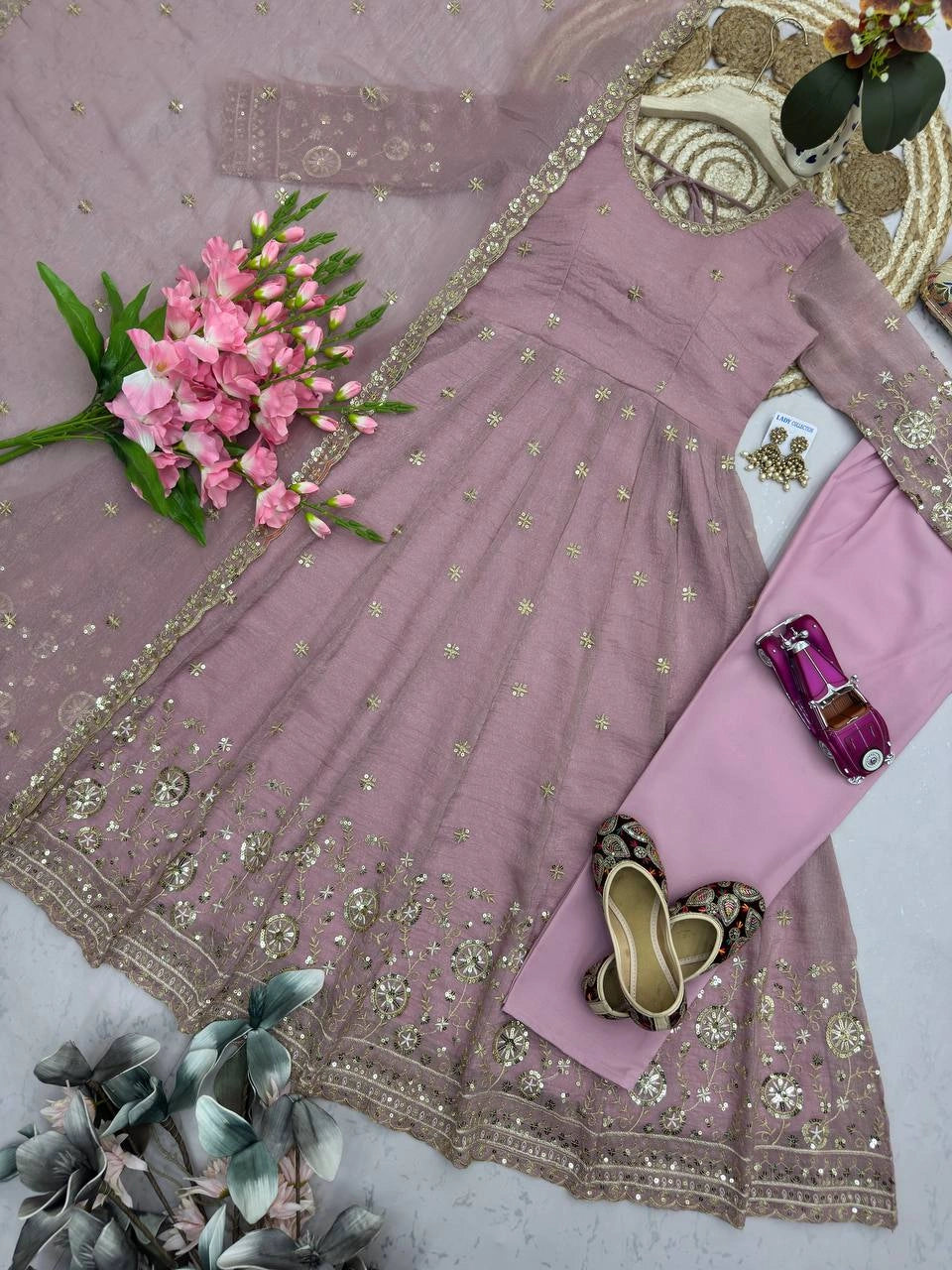 Onion Pink Sequins Embroidered Suit Side View