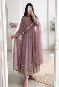Onion Pink Sequins Embroidered Suit – Crunchy Silk Blend, Full Sleeve, Round Neck