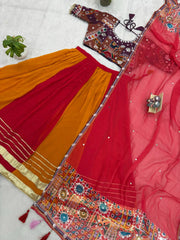 Orange and Red Faux Georgette Lehenga Flat Lay Kalyanja KL175