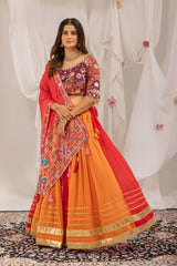 Orange and Red Embroidery Mirror Work Lehenga Front View Kalyanja KL175