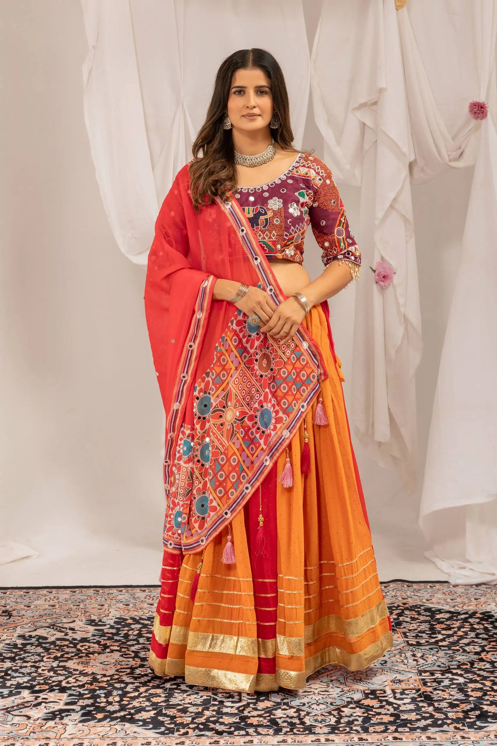 Orange and Red Embroidery Mirror Work Lehenga Dupatta Draped KL175