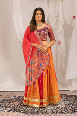 Orange and Red Embroidery Mirror Work Lehenga Dupatta Draped KL175