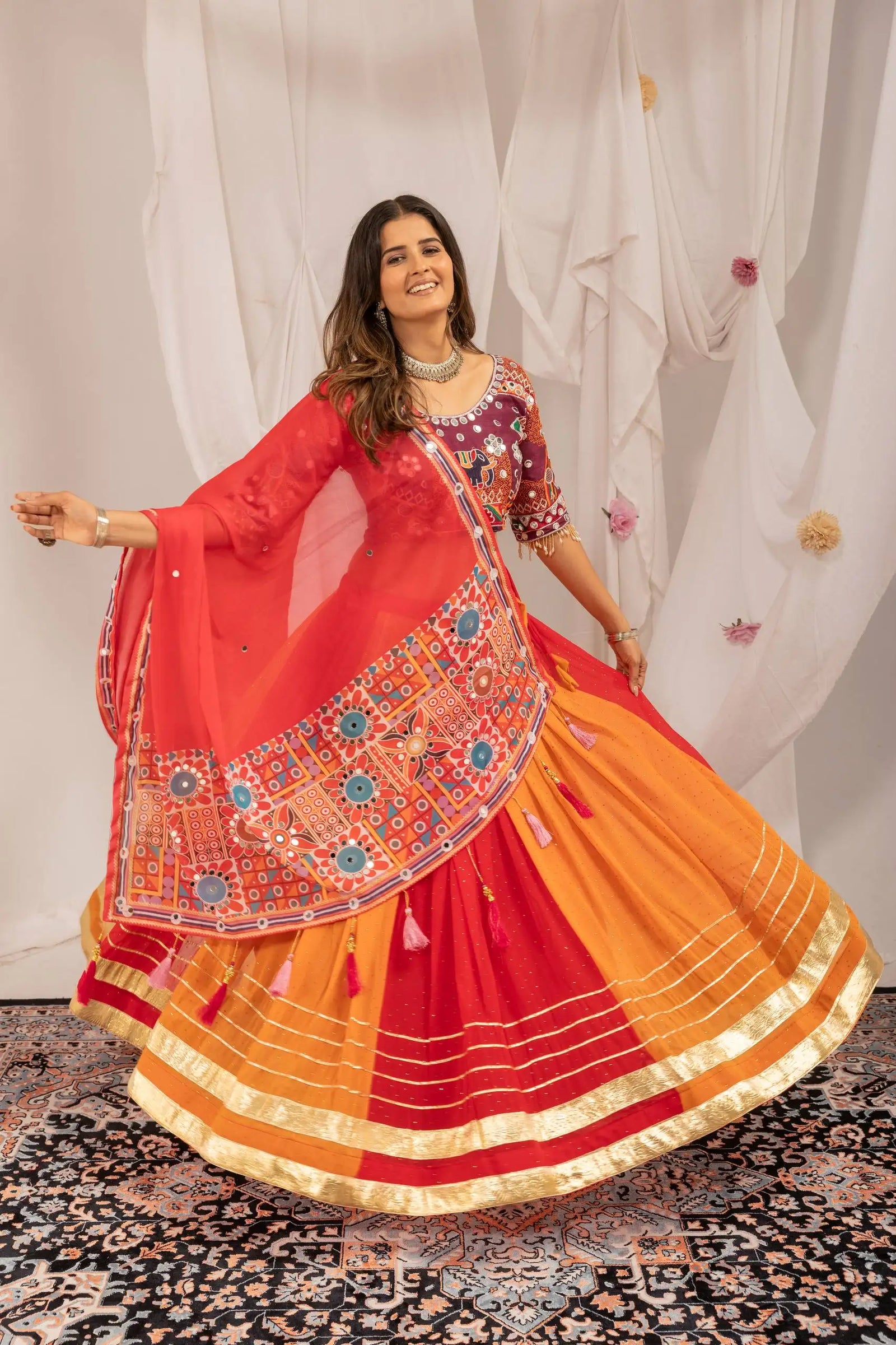 Orange and Red Lehenga Flare Dancing Kutchi Design KL175