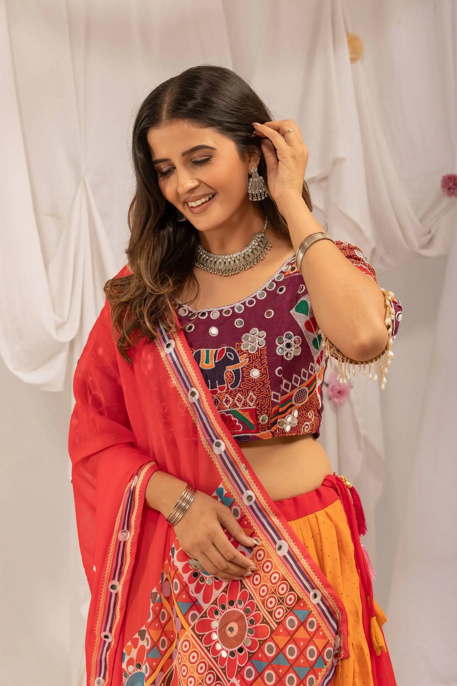 Orange and Red Lehenga Embroidered Choli Detail KL175