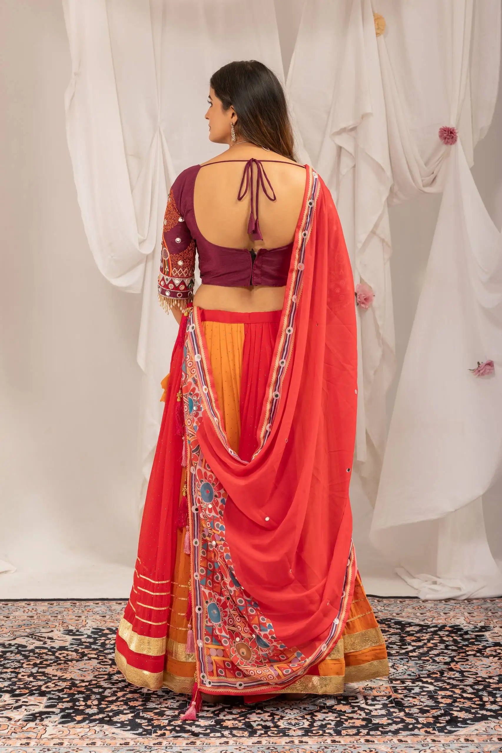 Orange and Red Lehenga Back View Open Dori Tie Up Choli KL175